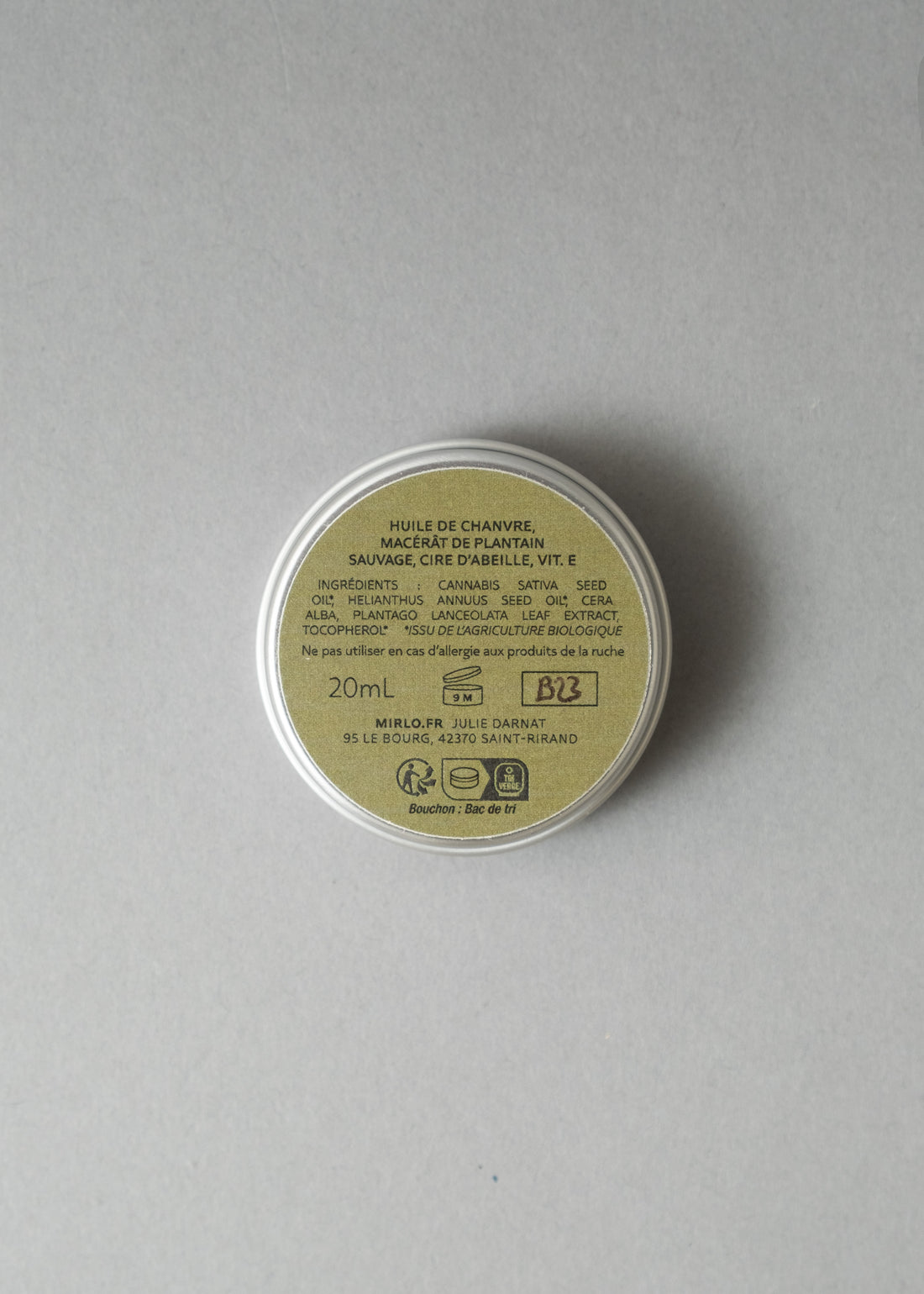 BAUME APAISANT NATURE - PLANTAIN SAUVAGE & HUILE DE CHANVRE - POT ALU 20ML - MIRLO